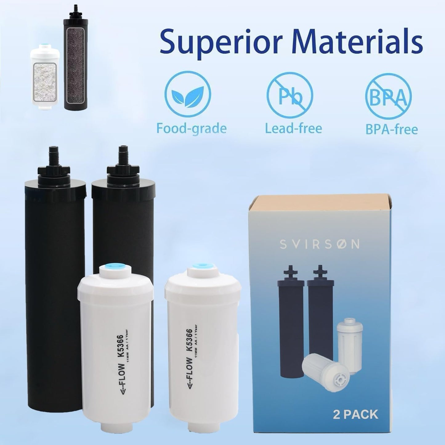 SVIRSON® BB9-2 Compatible Filter Combo Pack – Carbon Water Filter Elements + Fluoride Filters – Fits Berkey® Gravity Water Filter Systems